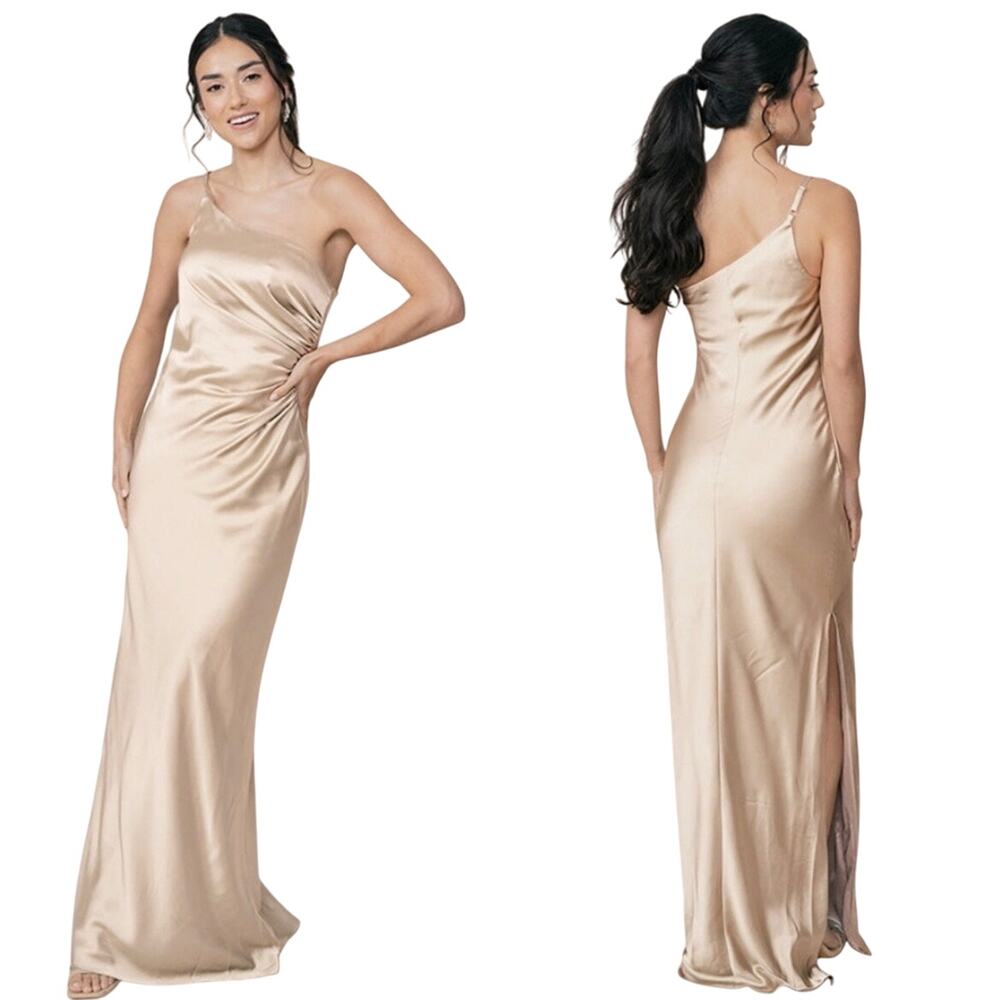 Revelry Jade Satin Bridesmaid Formal Wedding Guest Maxi Dress Champagne Sz 8